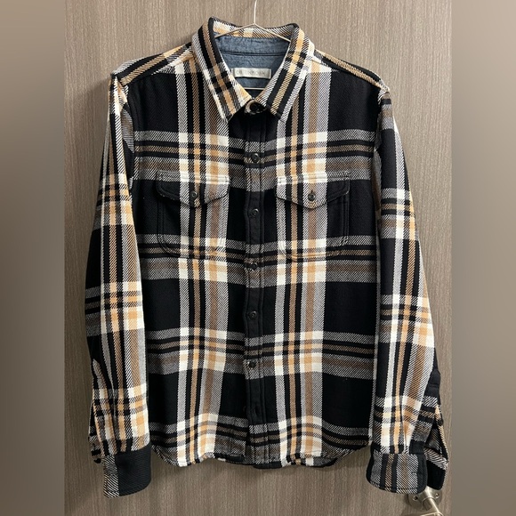 Outerknown Men’s Blanket Shirt Black Tan Plaid Flannel Button Down Medium - Picture 1 of 3